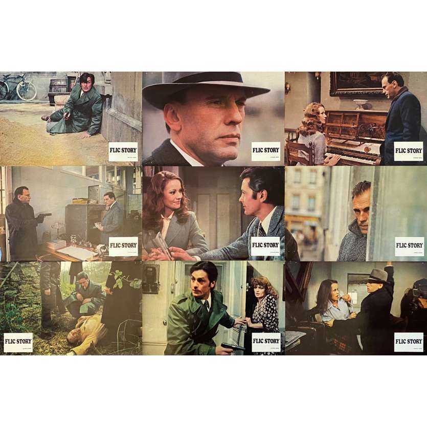 FLIC STORY Vintage Lobby Cards x9 - Set A - 9x12 in. - 1975 - Jacques Deray, Alain Delon