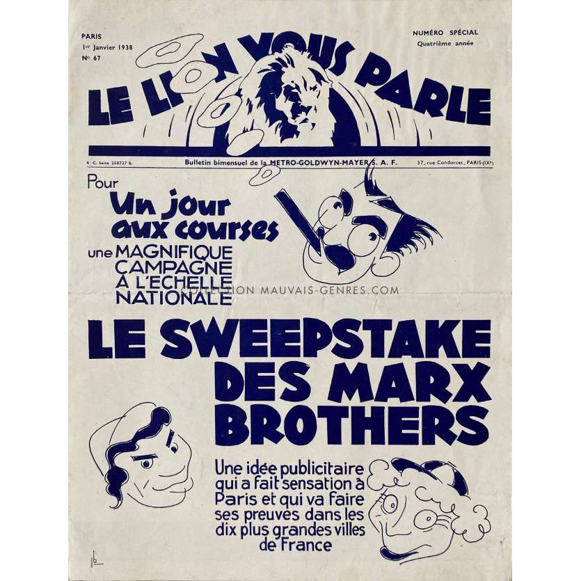 LE LION VOUS PARLE N°67 : UN JOUR AUX COURSES Magazine- 21x30 cm. - 1938 - Groucho Marx, The Marx Brothers