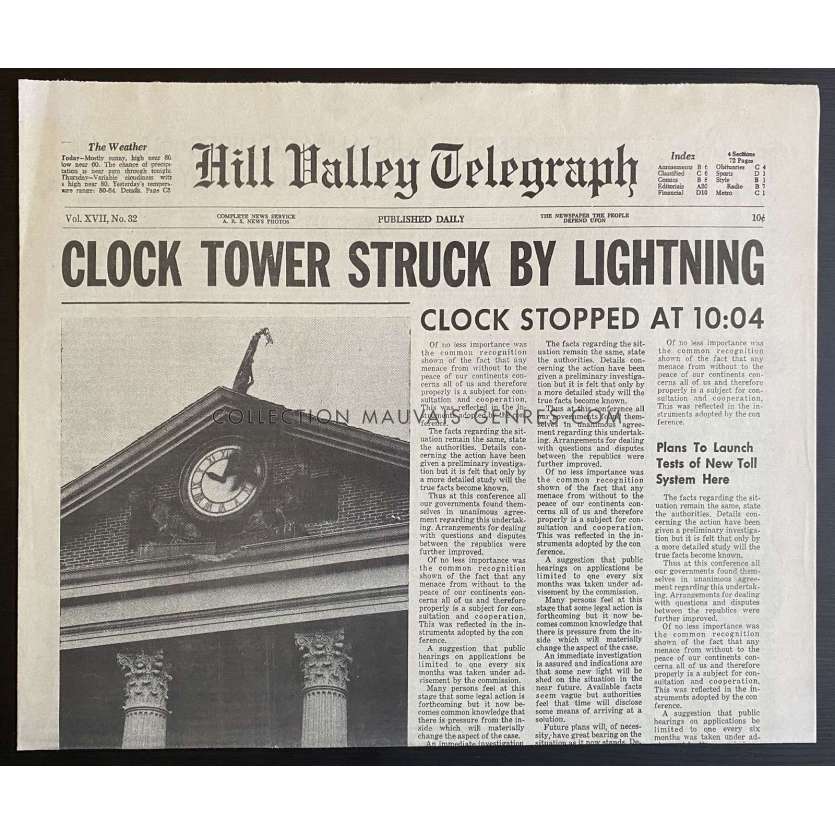 BACK TO THE FUTURE Newspaper Prop Replica Clock Tower 15x21 in. USA - 1985 - Robert Zemeckis, Michael J. Fox