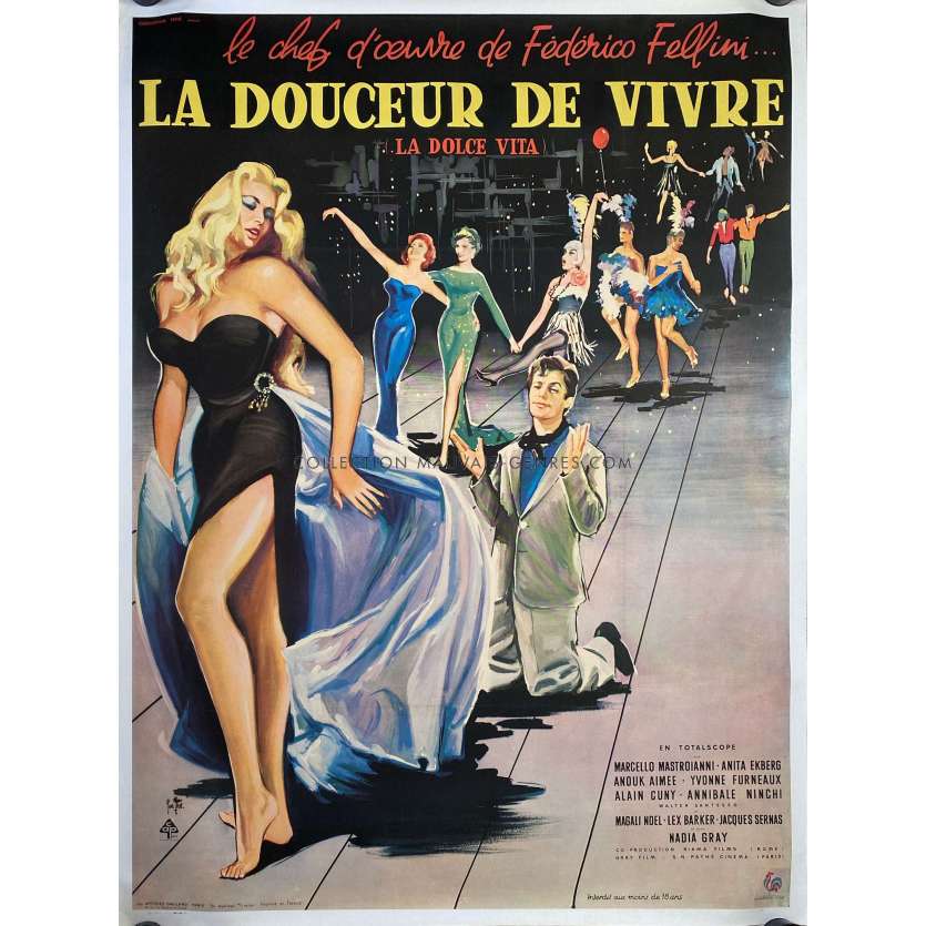 LA DOUCEUR DE VIVRE Affiche de cinéma entoilée- 120x160 cm. - 1960 - Mastroianni, Ekberg, Fellini