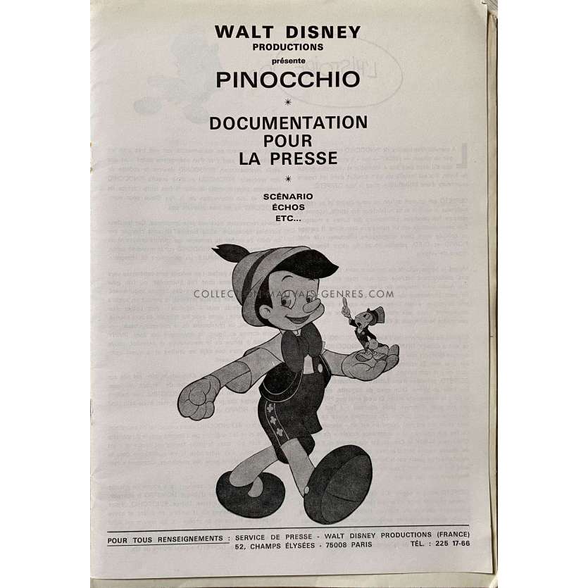 PINOCCHIO Dossier de presse 8p avec supplément. - 21x30 cm. - 1940/R1970 - Mel Blanc, Disney