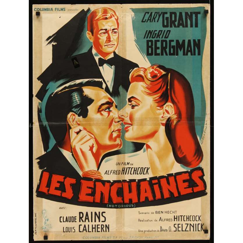 ENCHAINES Affiche FR 60x80 R54 Hitchcock, Cary Grant, Bergman & Rains